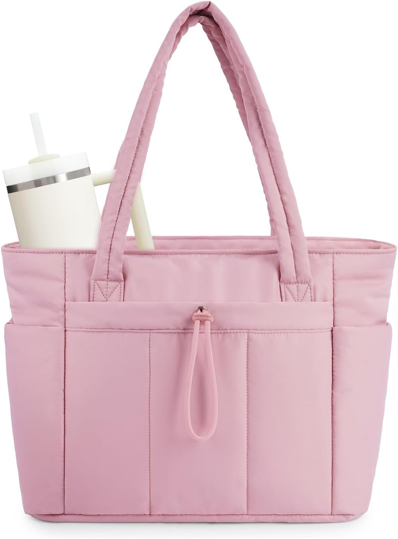 Quilted Puffer Tote with Cup Holder & Laptop Sleeve for Travel and Work