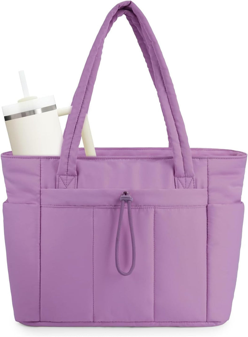 Quilted Puffer Tote with Cup Holder & Laptop Sleeve for Travel and Work