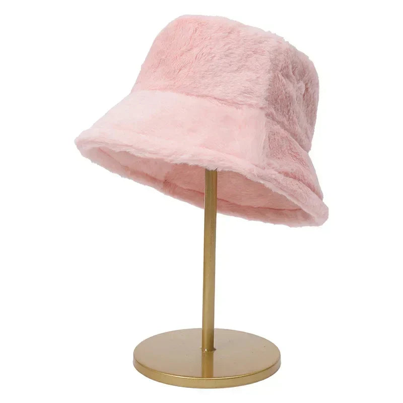 Warm Autumn Bucket Hat made of Rabbit Fur for Ladies - Lorna-Pink-State of Style