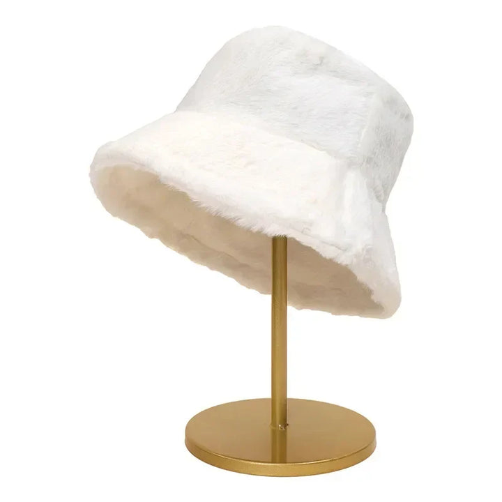 Warm Autumn Bucket Hat made of Rabbit Fur for Ladies - Lorna-White-State of Style