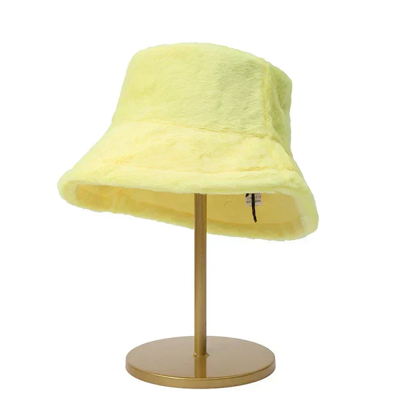 Warm Autumn Bucket Hat made of Rabbit Fur for Ladies - Lorna-Yellow-State of Style