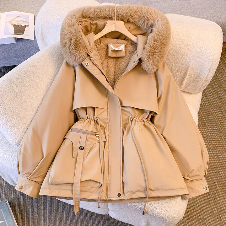 Warm Puffer Jacket for Women with Detachable Collar - Livia-Khaki-M-State of Style