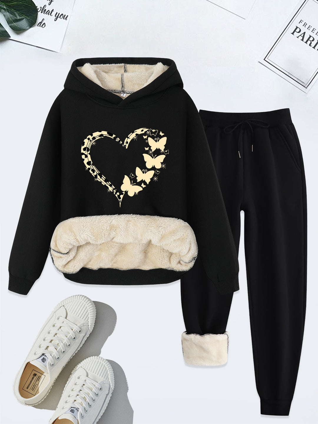 Warm Two-Piece Women's Set with Heart Print - Bella-Black-S-State of Style
