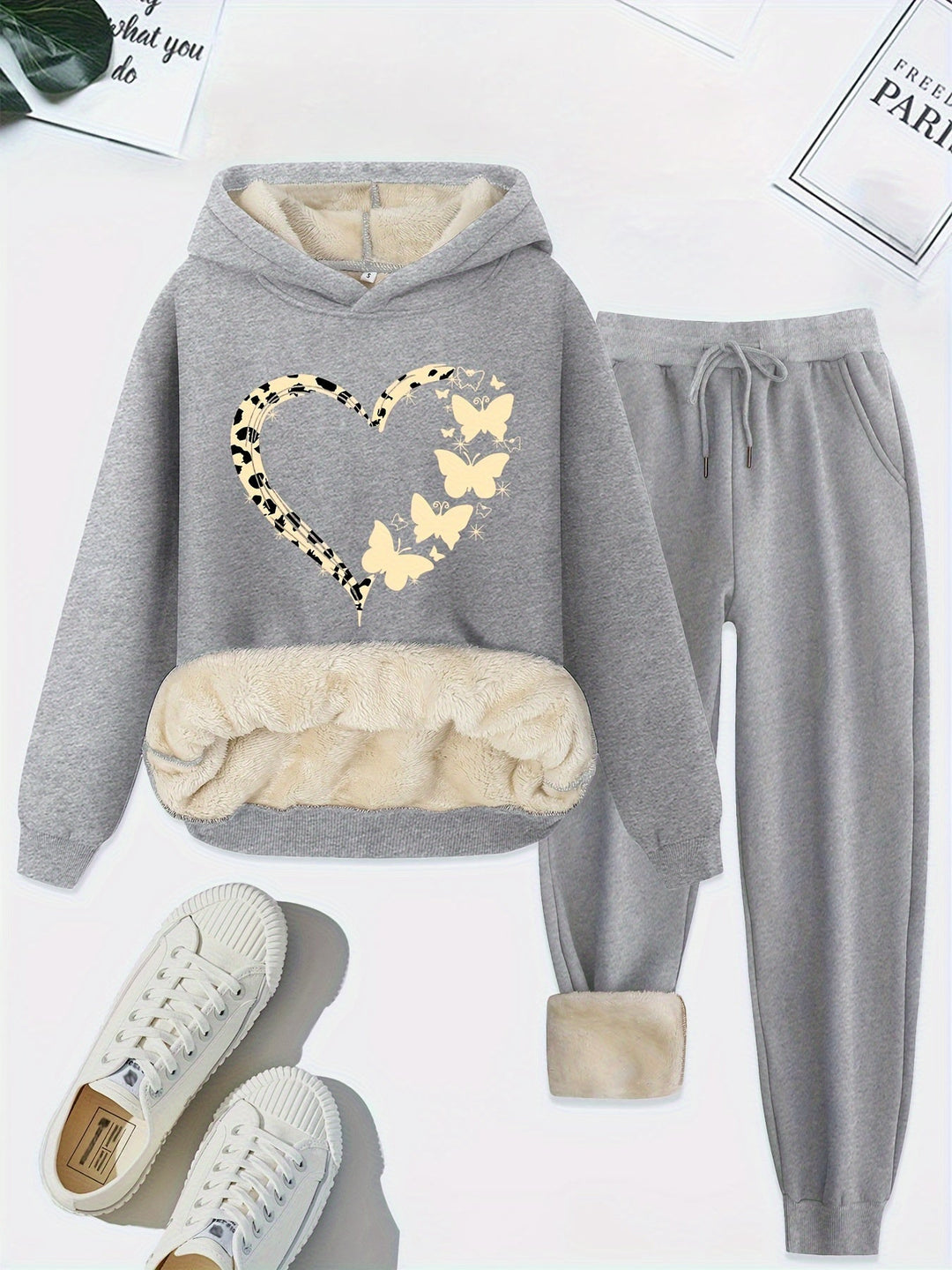 Warm Two-Piece Women's Set with Heart Print - Bella-Light Gray-S-State of Style
