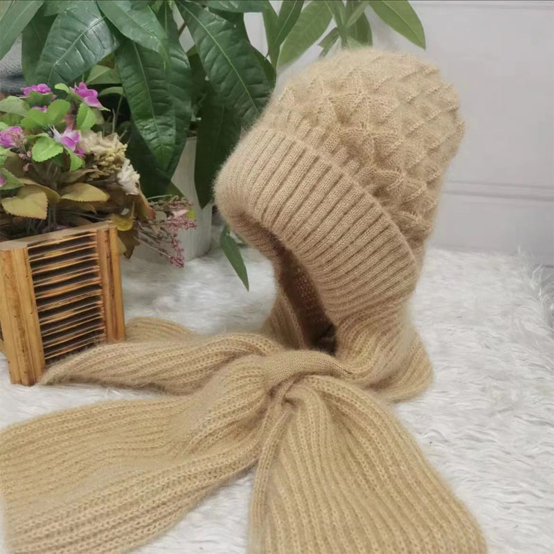 Warm Women’s Beanie with Integrated Scarf - Nora-Khaki-State of Style