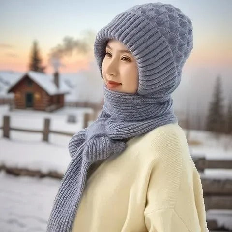 Warm Women’s Beanie with Integrated Scarf - Nora-Khaki-State of Style