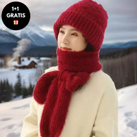 Warm Women’s Beanie with Integrated Scarf - Nora-Red-State of Style