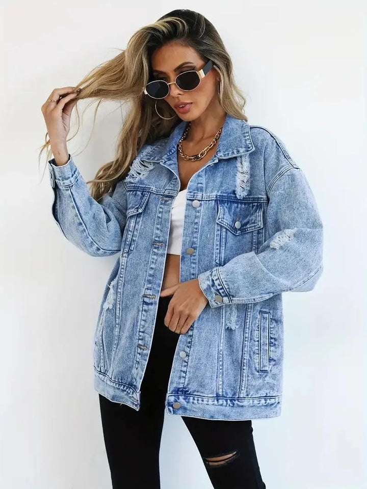 Waterproof & Lined Oversized Women's Denim Jacket with Hood – Talia-Blue-S-State of Style