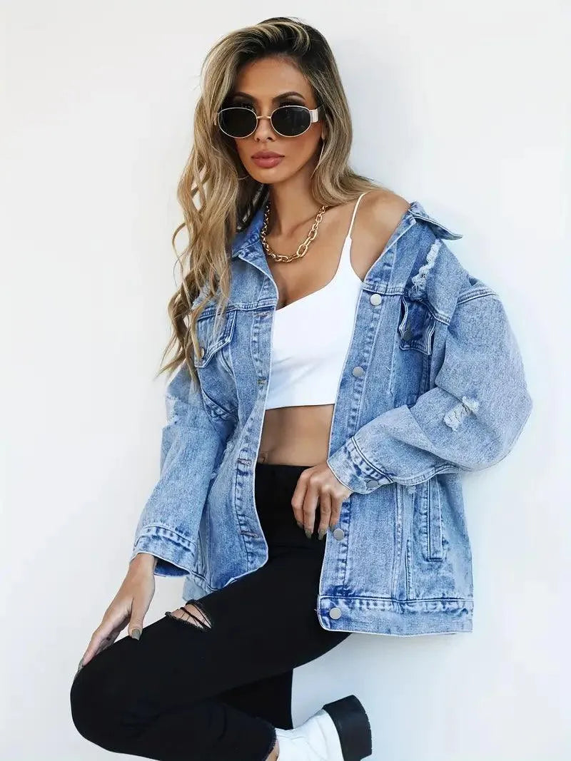 Waterproof & Lined Oversized Women's Denim Jacket with Hood – Talia-Blue-S-State of Style