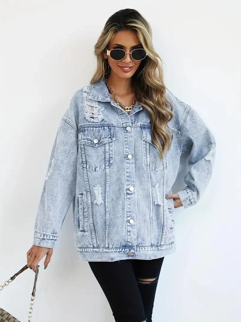 Waterproof & Lined Oversized Women's Denim Jacket with Hood – Talia-Blue-S-State of Style