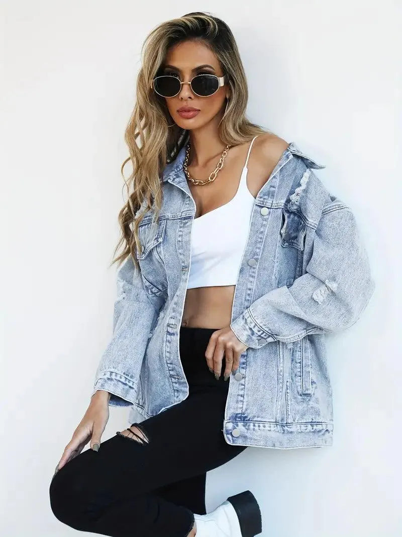 Waterproof & Lined Oversized Women's Denim Jacket with Hood – Talia-Blue-S-State of Style