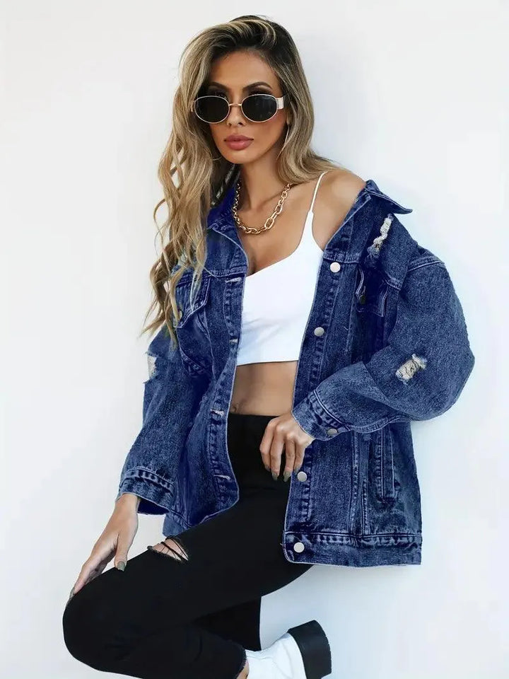 Waterproof & Lined Oversized Women's Denim Jacket with Hood – Talia-Blue-S-State of Style