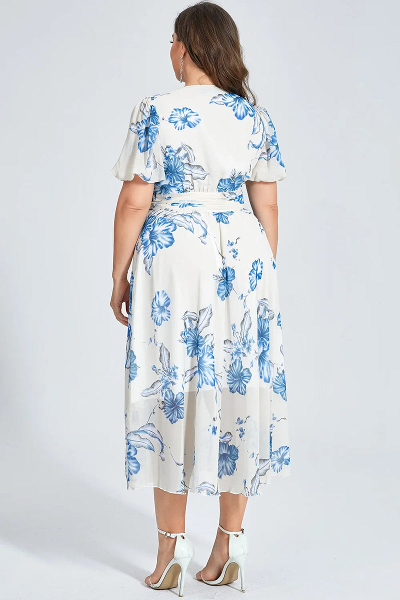 White Chiffon Tunic Dress with Floral Print in Plus Size-White-2XL-State of Style
