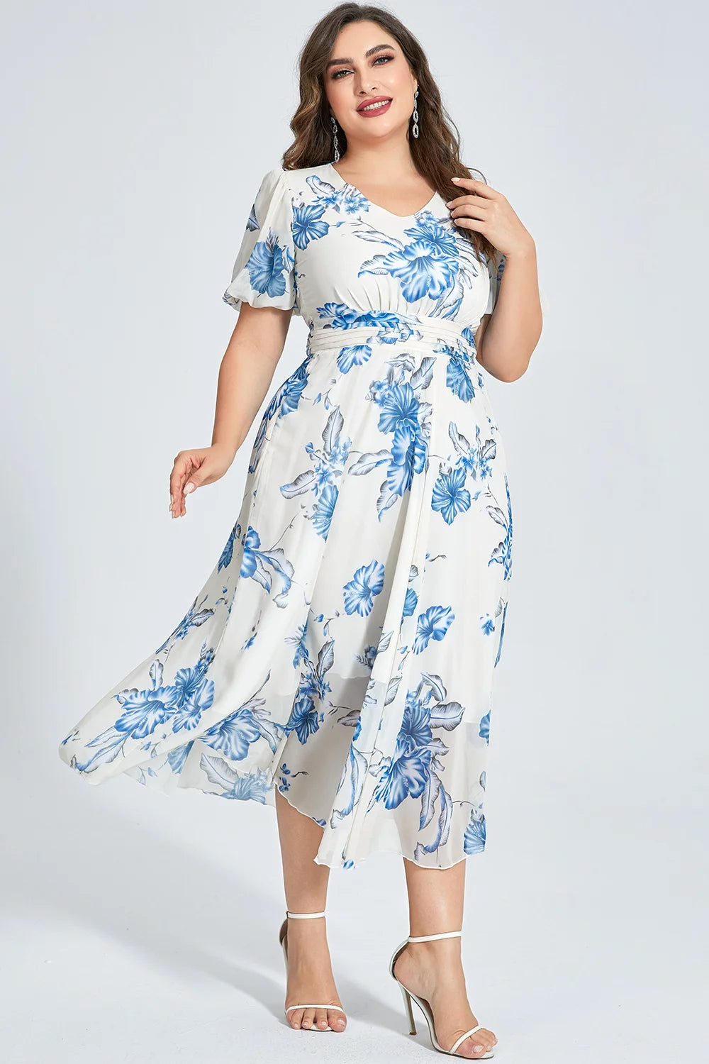 White Chiffon Tunic Dress with Floral Print in Plus Size-White-2XL-State of Style