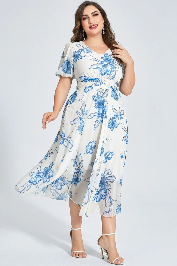White Chiffon Tunic Dress with Floral Print in Plus Size-White-2XL-State of Style
