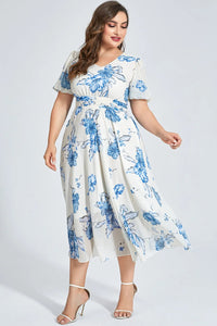 White Chiffon Tunic Dress with Floral Print in Plus Size-White-2XL-State of Style