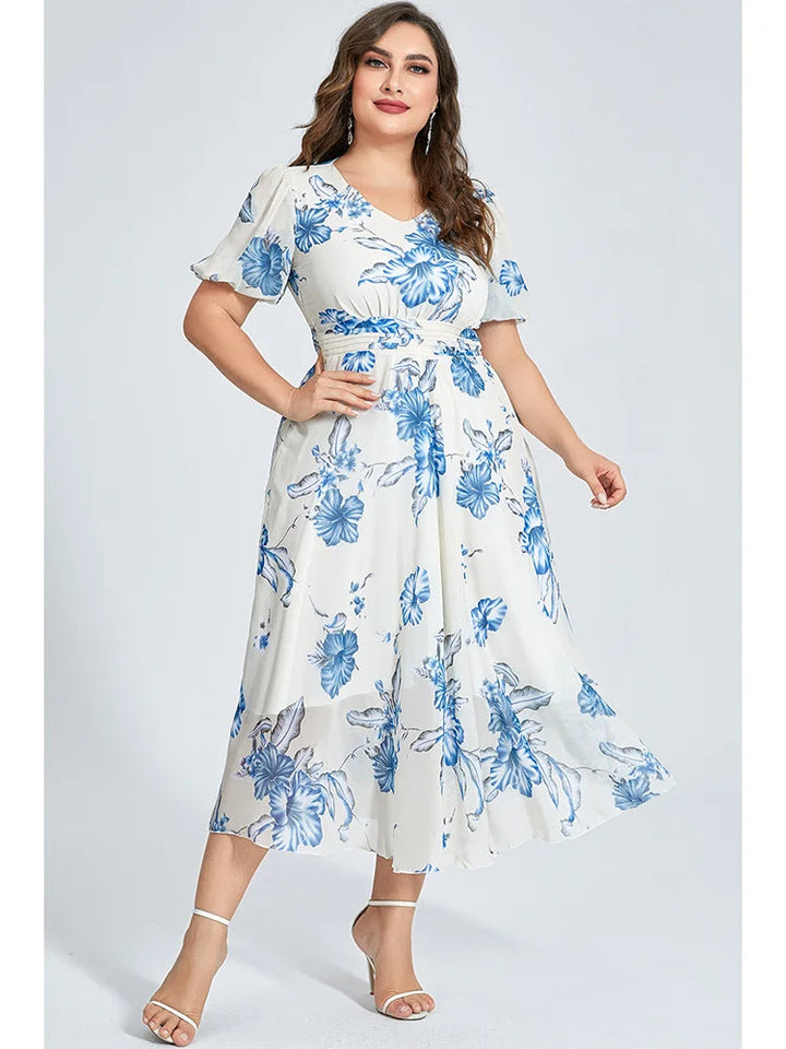 White Chiffon Tunic Dress with Floral Print in Plus Size-White-2XL-State of Style