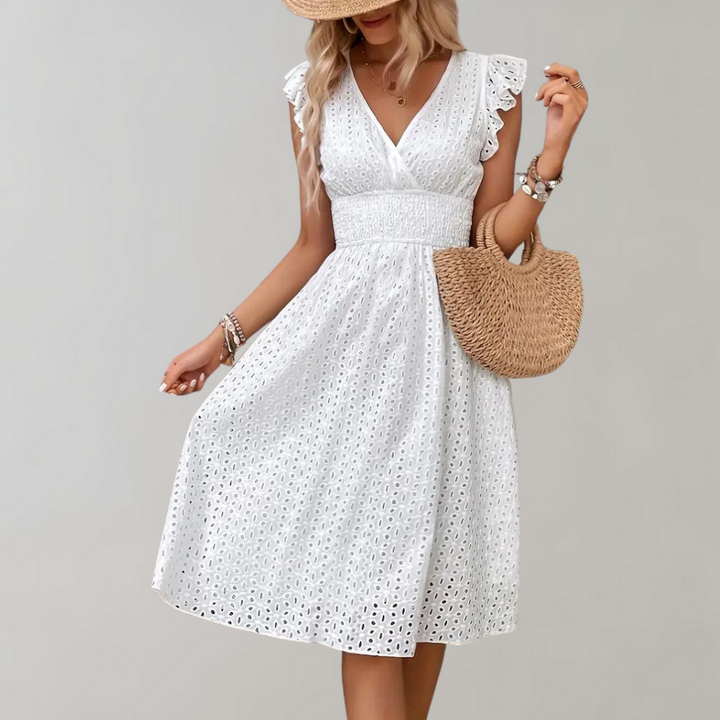 White Summer Dress with Ruffled Sleeves - Lina-S-State of Style