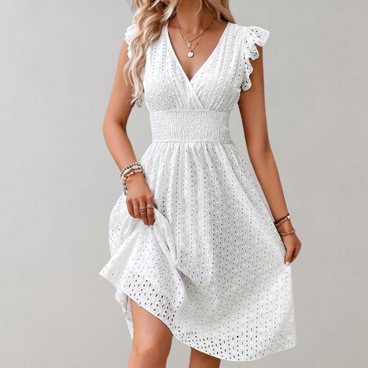 White Summer Dress with Ruffled Sleeves - Lina-S-State of Style