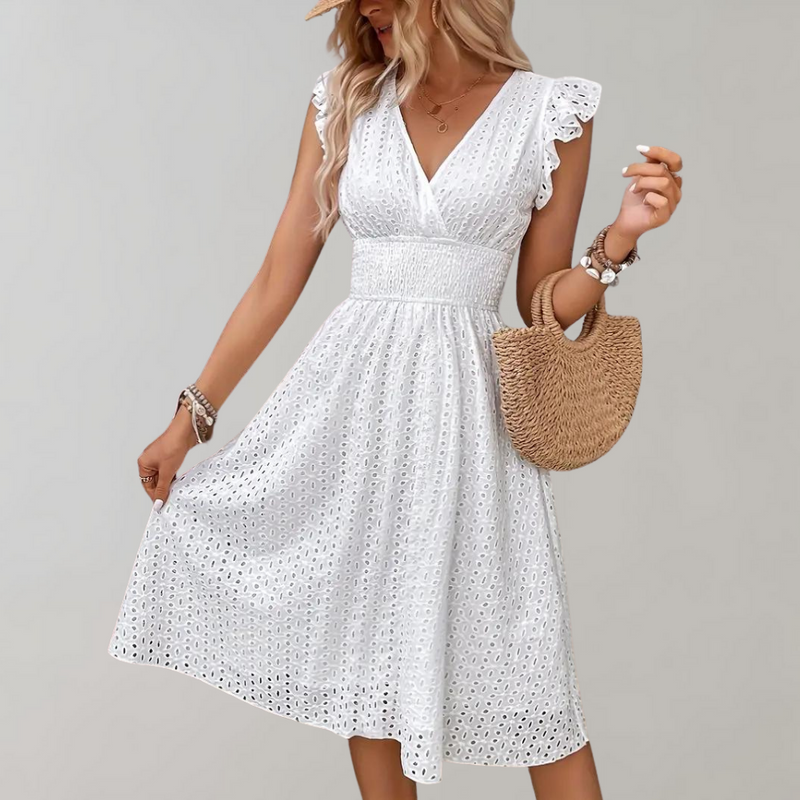 White Summer Dress with Ruffled Sleeves - Lina-S-State of Style