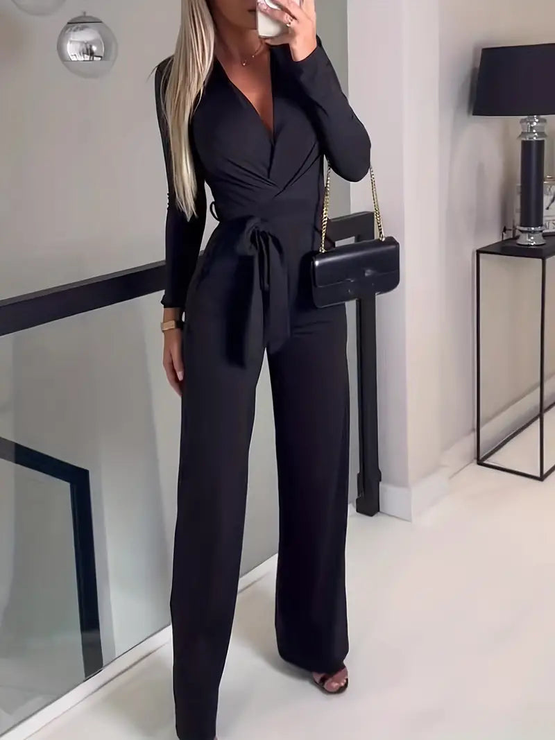 Wide-Leg Jumpsuit with Belt and V-Neck - Elise-Black-S-State of Style