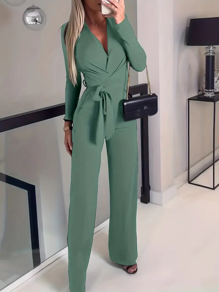 Wide-Leg Jumpsuit with Belt and V-Neck - Elise-Green-S-State of Style