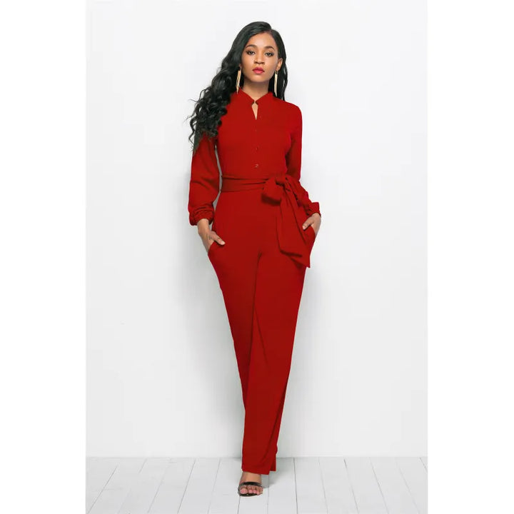 Wide-Leg Jumpsuit with Belt and V-Neck - Elise-Red-S-State of Style