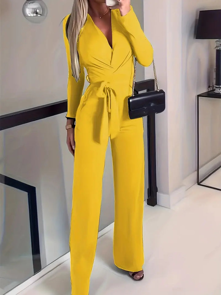 Wide-Leg Jumpsuit with Belt and V-Neck - Elise-Yellow-S-State of Style
