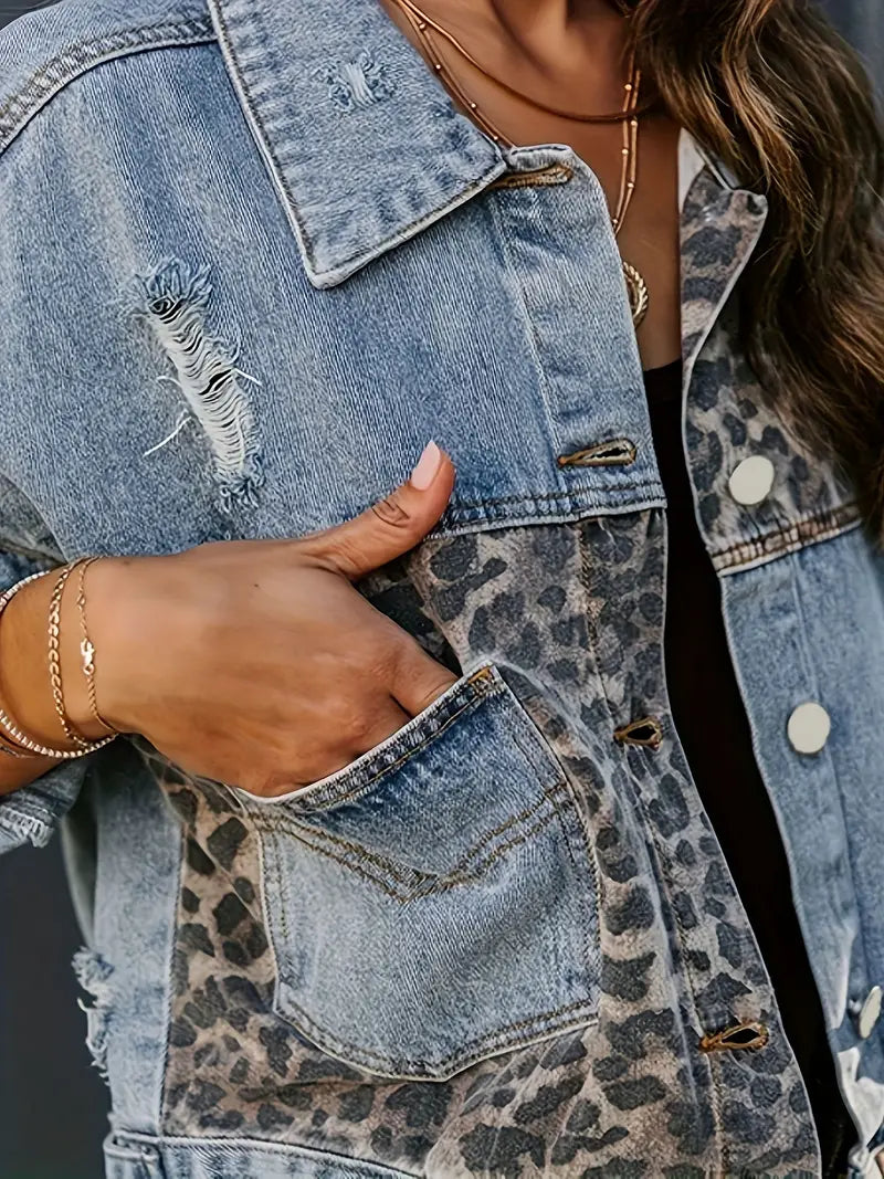 Wildly Chic Leopard Print Denim Jacket - Leona-Light Blue-S-State of Style