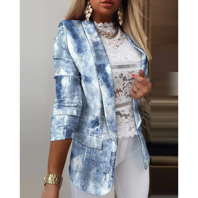 Women's Blazer with Lapel Collar and Print - Bella-Blue-S-State of Style