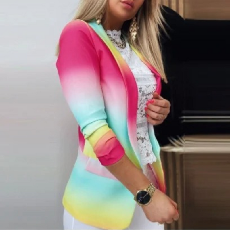 Women's Blazer with Lapel Collar and Print - Bella-Pink-Yellow-S-State of Style