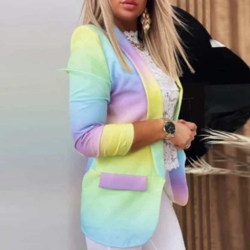 Women's Blazer with Lapel Collar and Print - Bella-Yellow-Purple-S-State of Style