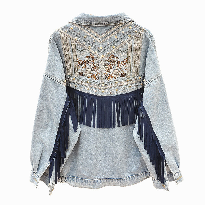 Women's Hard Jacket | Floral Print Jeans Jacket-Light Blue-M-State of Style