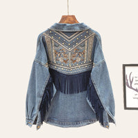 Women's Hard Jacket | Floral Print Jeans Jacket-Navy Blue-S-State of Style