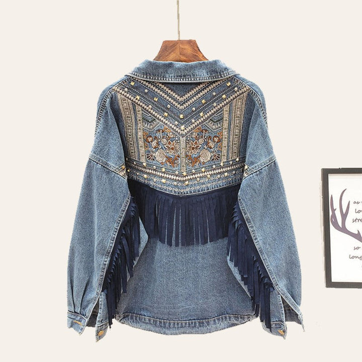 Women's Hard Jacket | Floral Print Jeans Jacket-Navy Blue-S-State of Style