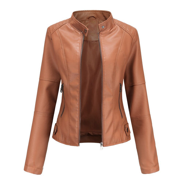 Women's Leather Jacket with Mandarin Collar | Stylish & Comfortable-Camel-S-State of Style