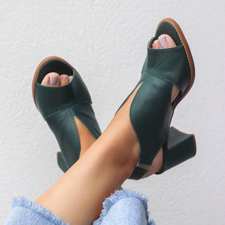 Women’s leather sandals with heel & comfort footbed – Selina-Army green-2.5-State of Style