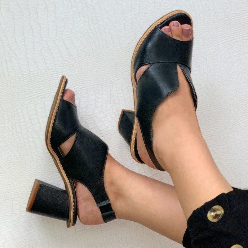 Women’s leather sandals with heel & comfort footbed – Selina-Black-2.5-State of Style