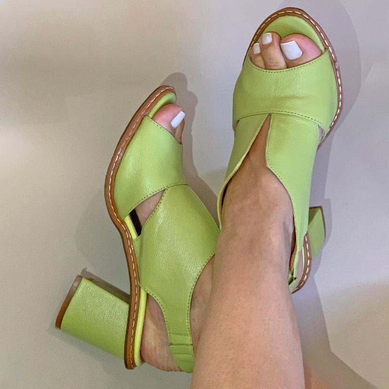 Women’s leather sandals with heel & comfort footbed – Selina-Lime green-2.5-State of Style