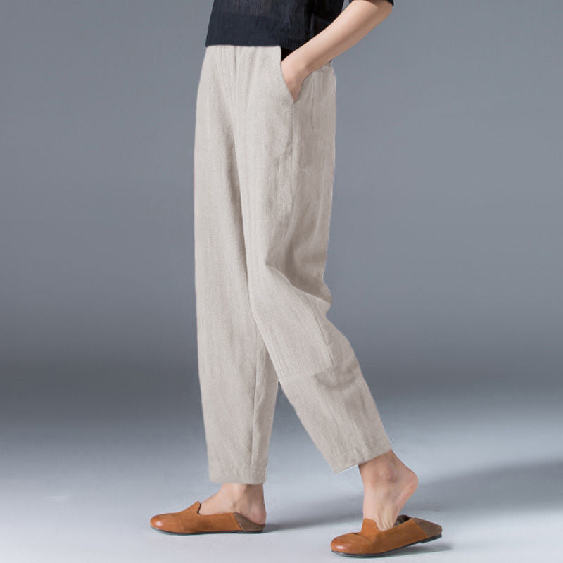 Women's summer trousers made of a linen-cotton blend with an elastic waistband - Clara-Beige-M-State of Style