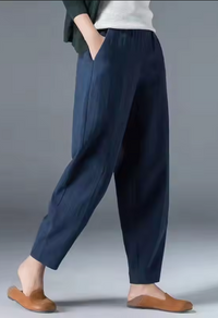 Women's summer trousers made of a linen-cotton blend with an elastic waistband - Clara-Blue-M-State of Style