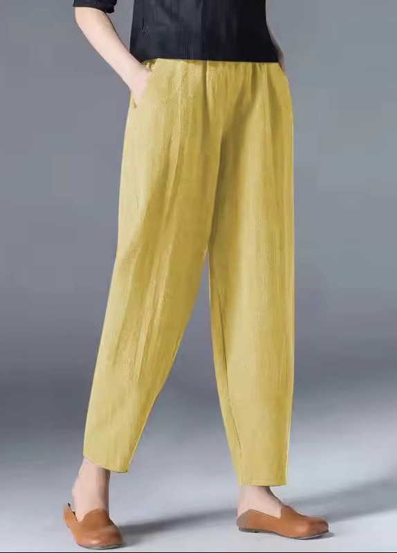 Women's summer trousers made of a linen-cotton blend with an elastic waistband - Clara-Yellow-M-State of Style