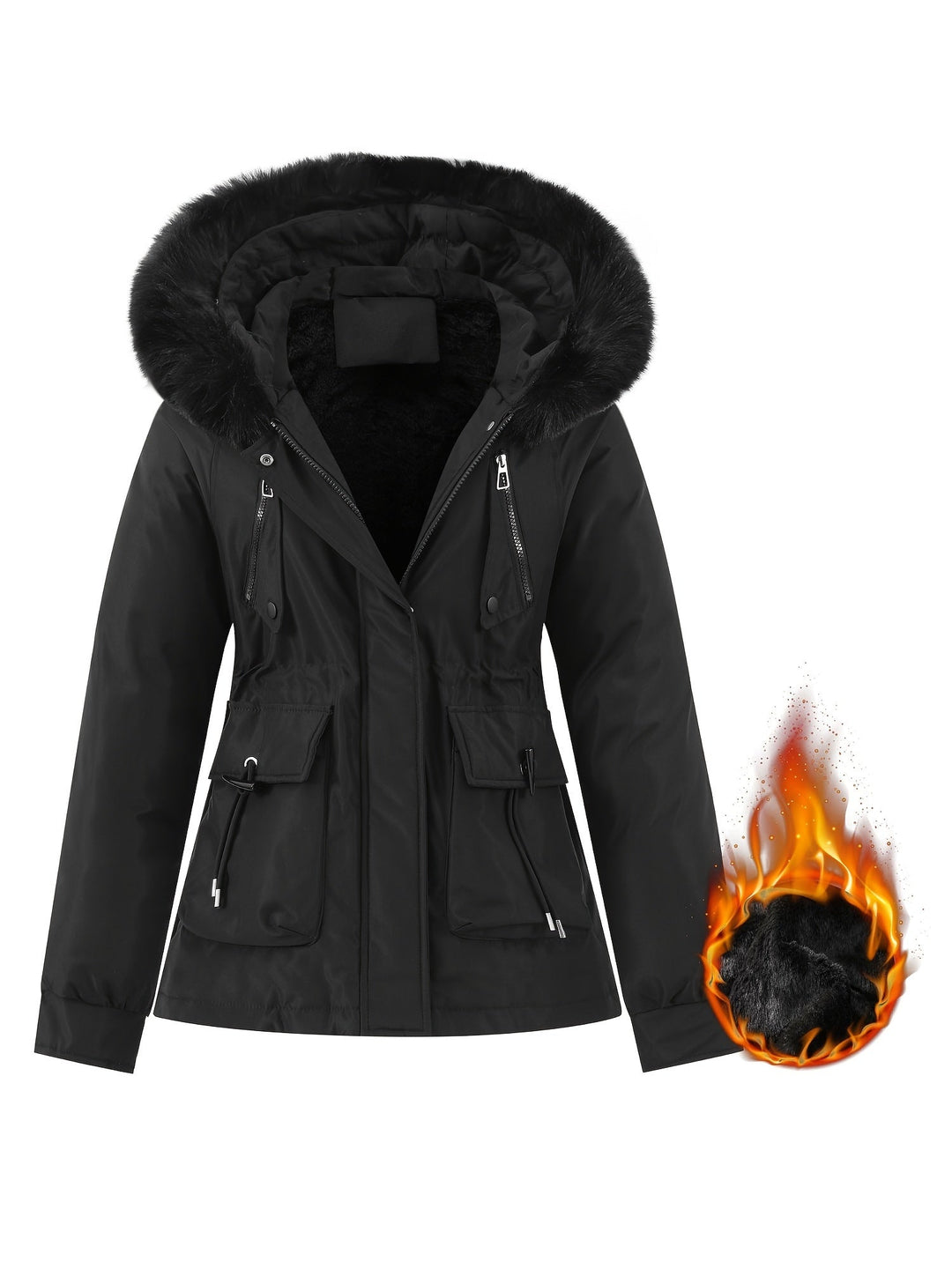 Women’s Winter Coat with Detachable Faux Fur Hood - Noëlle-Black-XS-State of Style