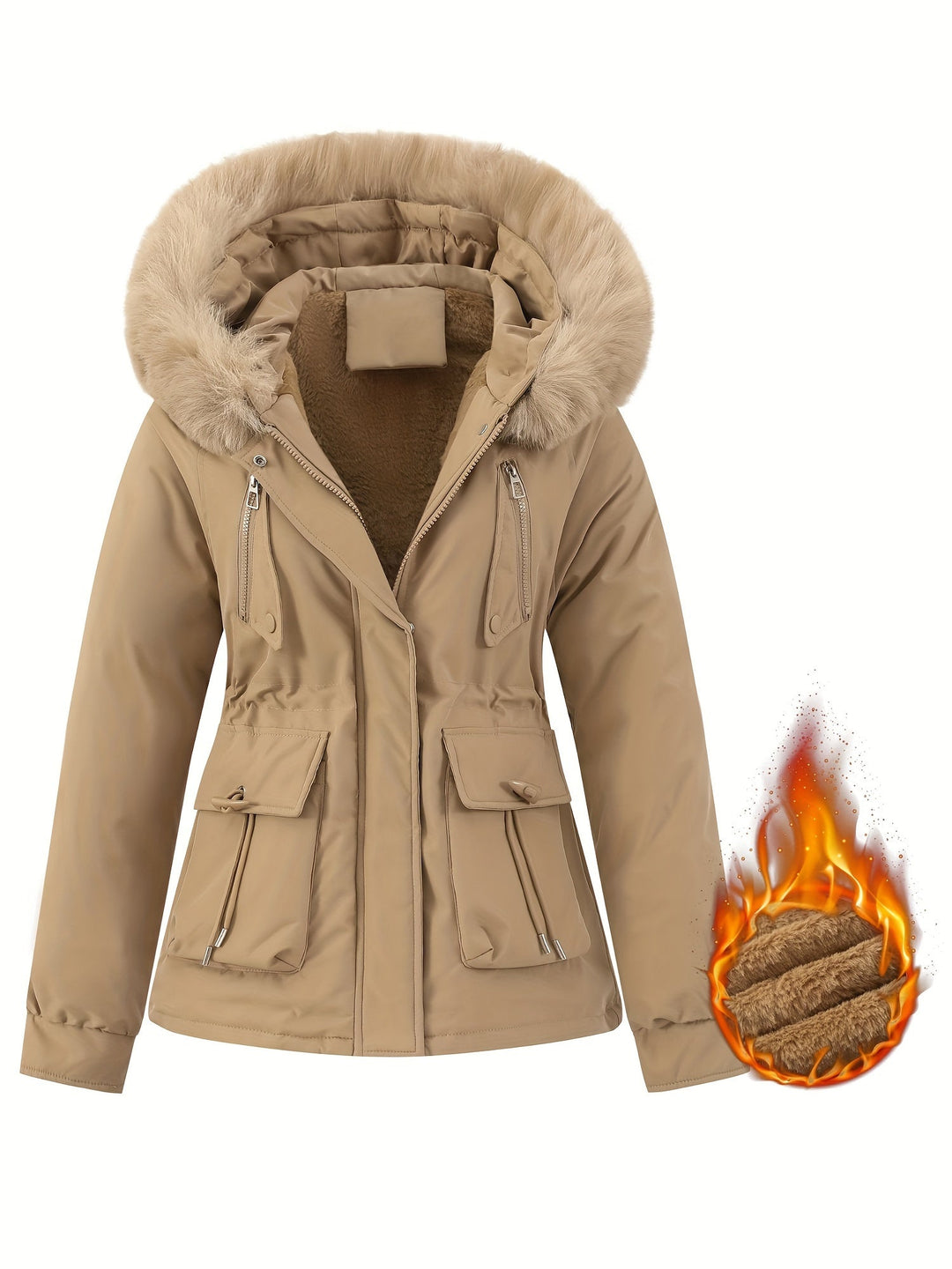 Women’s Winter Coat with Detachable Faux Fur Hood - Noëlle-Khaki-XS-State of Style