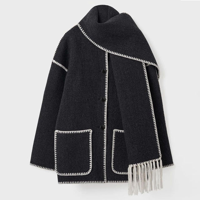 Women's Winter Coat with Scarf - Celeste-Charcoal-S-State of Style