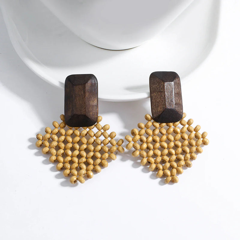 Wood and Rattan Drop Earrings | Unique Handmade Jewellery-DIAMOND BROWN-State of Style
