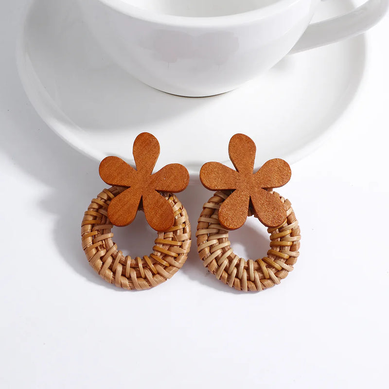 Wood and Rattan Drop Earrings | Unique Handmade Jewellery-FLOWER-State of Style