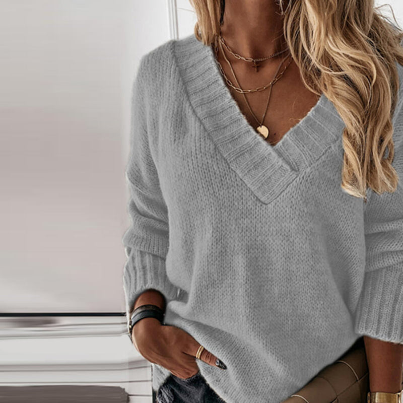Wool V-Neck Jumper for Women – Luna-Grey-S-State of Style