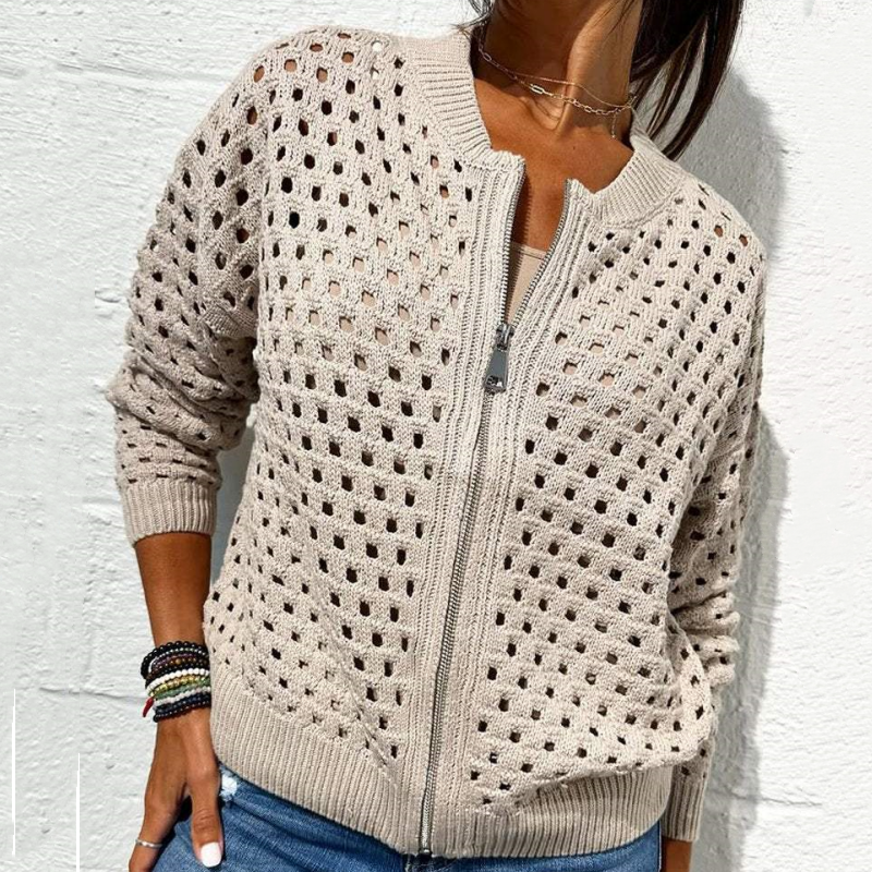 Zipper cardigan with airy structure – Fenja-Beige-S-State of Style