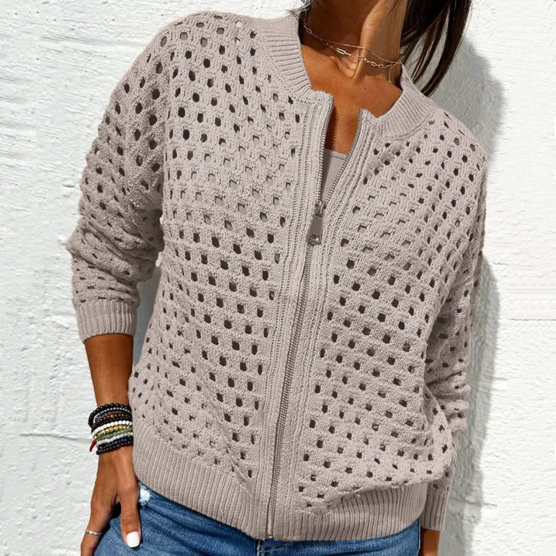 Zipper cardigan with airy structure – Fenja-Khaki-S-State of Style